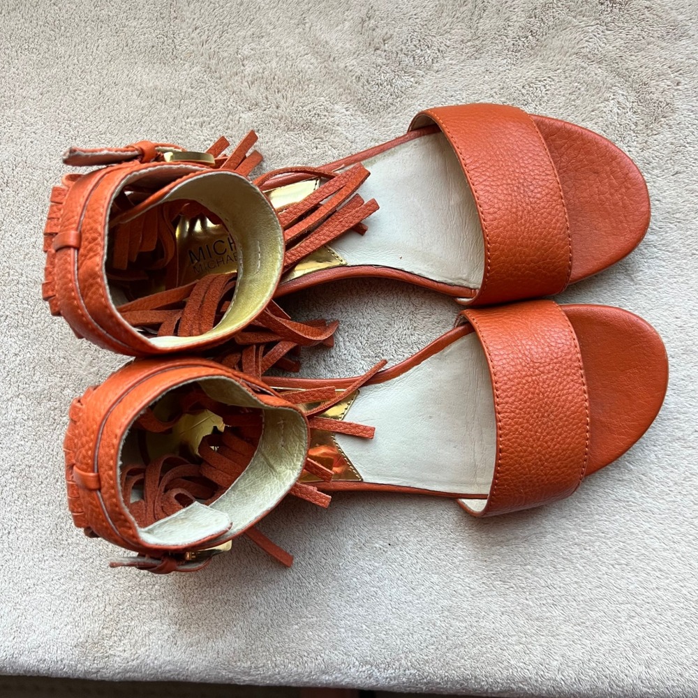 Michael Kors Women 5.5 M Orange Leather Fringe Ankle Wrap Wedge Sandals Boho - Picture 7 of 16